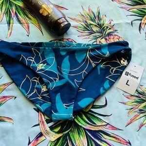 NWT Fused Hawaii Womens Bikini Bottom L Blue Hawaii Tropical Print Swimsuit